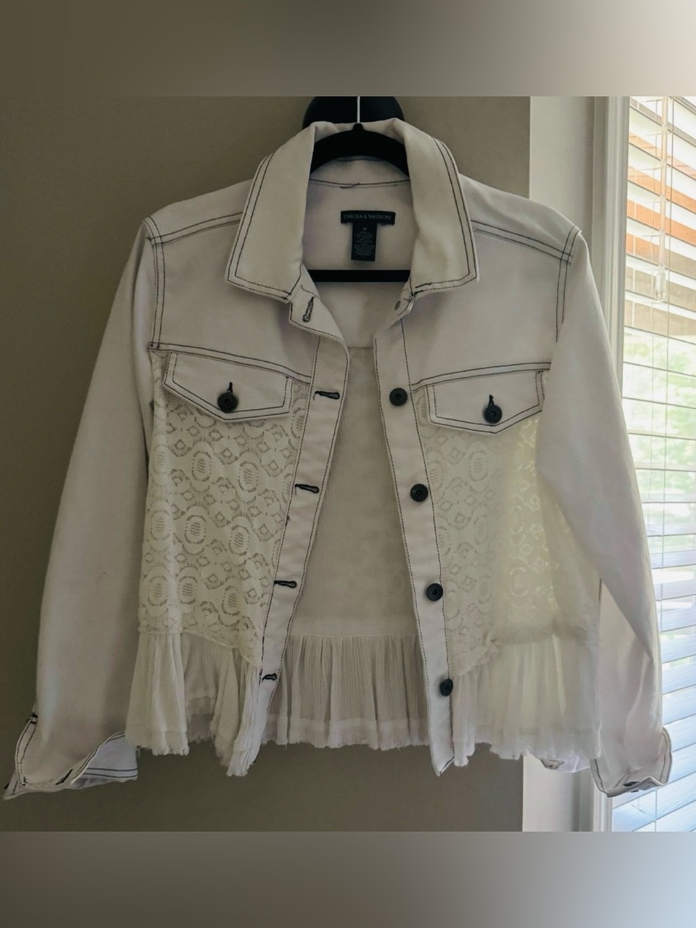 Chelsea & Theodore White Lace Peplum Jean Jacket